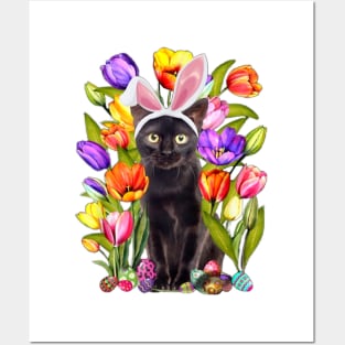 Cat Bunny Ears And Tulip Flowesr Happy Easter Day Posters and Art